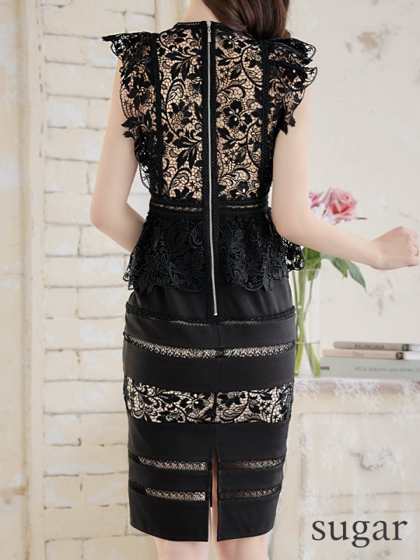 画像18: XS-Lサイズあり【SETTAN/セッタン】ペプラム/ フラワーレース/ ノースリーブ/ ミディアム丈/ タイト/ ワンピースドレス/ キャバドレス[OF2] (18)