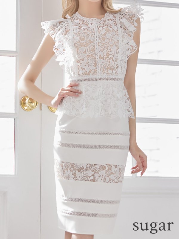 画像8: XS-Lサイズあり【SETTAN/セッタン】ペプラム/ フラワーレース/ ノースリーブ/ ミディアム丈/ タイト/ ワンピースドレス/ キャバドレス[OF2] (8)