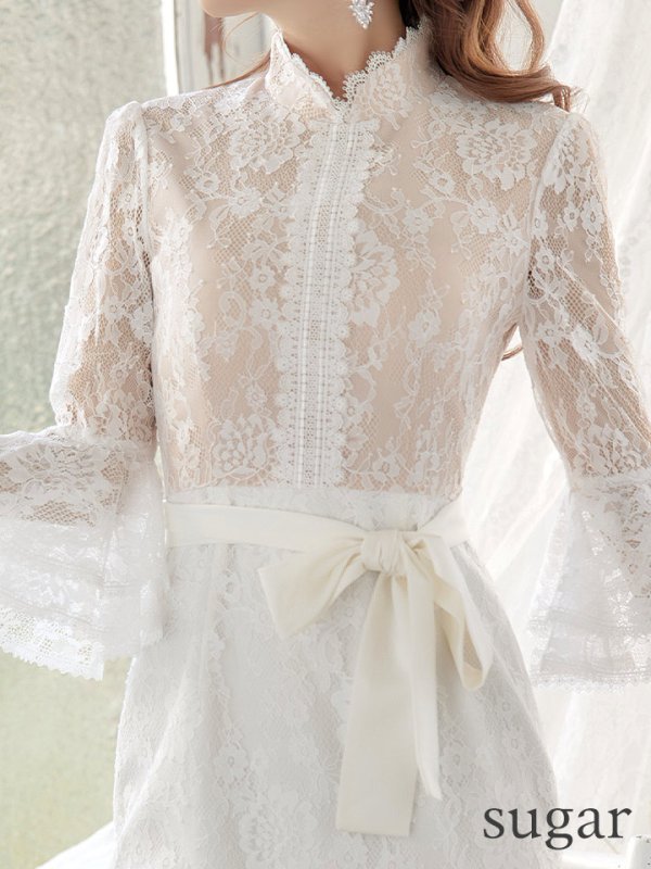 画像10: XS-Lサイズあり【SETTAN/セッタン】レース/ ウエストリボン/ 袖あり/ 長袖/ 膝丈/ミディアムタイト/ ワンピース/ タイト/ ミディアムドレス/ キャバドレス[OF2] (10)