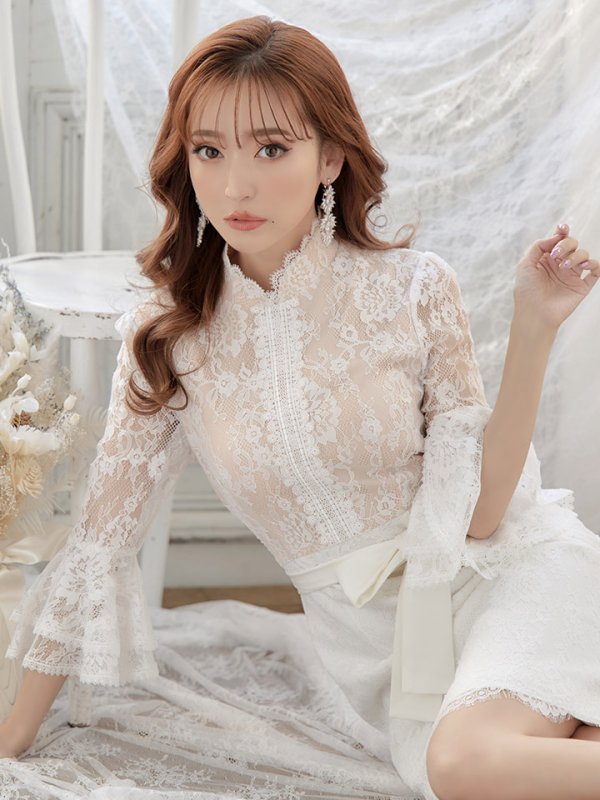 画像6: XS-Lサイズあり【SETTAN/セッタン】レース/ ウエストリボン/ 袖あり/ 長袖/ 膝丈/ミディアムタイト/ ワンピース/ タイト/ ミディアムドレス/ キャバドレス[OF2] (6)