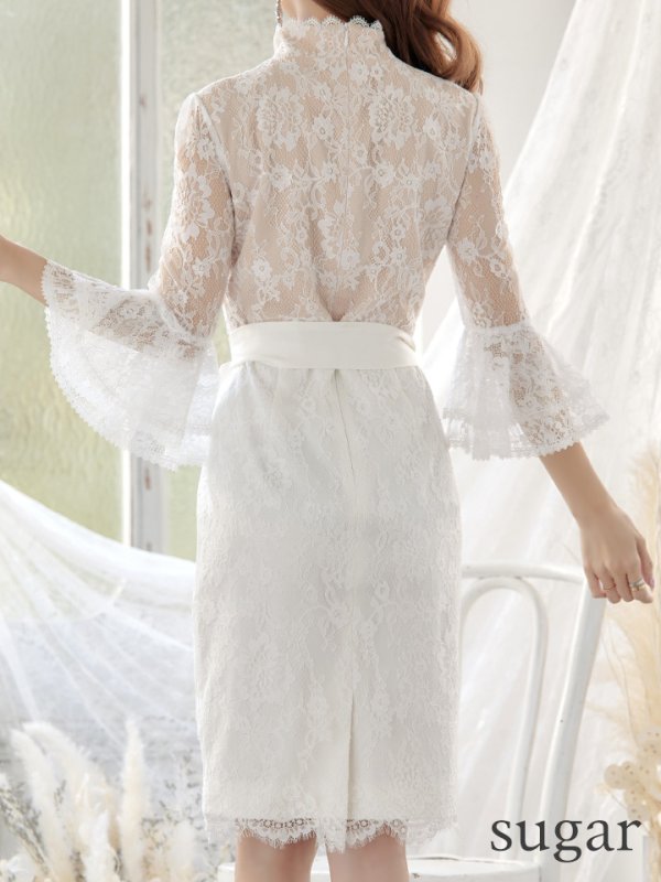 画像9: XS-Lサイズあり【SETTAN/セッタン】レース/ ウエストリボン/ 袖あり/ 長袖/ 膝丈/ミディアムタイト/ ワンピース/ タイト/ ミディアムドレス/ キャバドレス[OF2] (9)