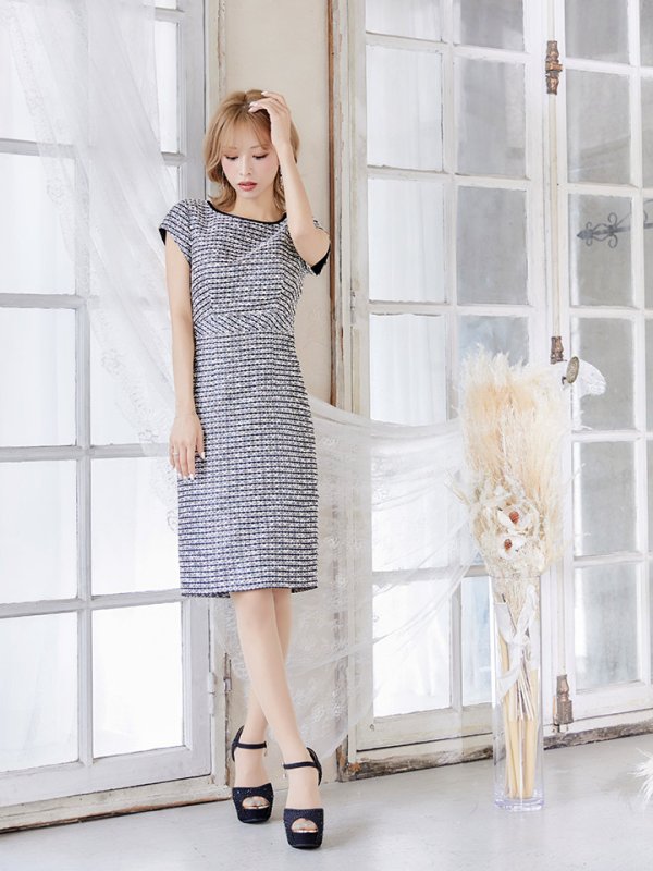 画像4: 門りょうちゃん着用【SETTAN/セッタン】 ツイード/ 半袖/ タイト/ ワンピース/ ひざ丈/ ミディアムドレス/ キャバドレス[OF2] (4)