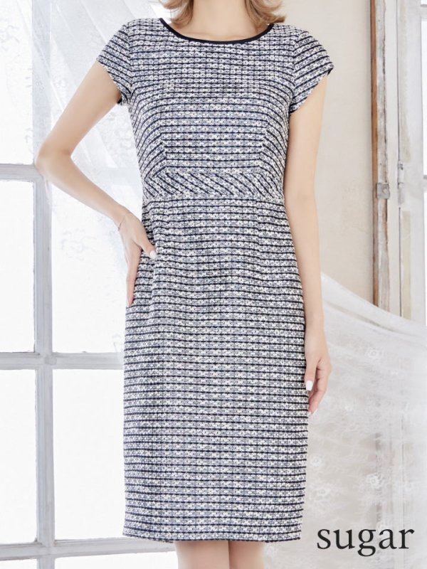 画像8: 門りょうちゃん着用【SETTAN/セッタン】 ツイード/ 半袖/ タイト/ ワンピース/ ひざ丈/ ミディアムドレス/ キャバドレス[OF2] (8)