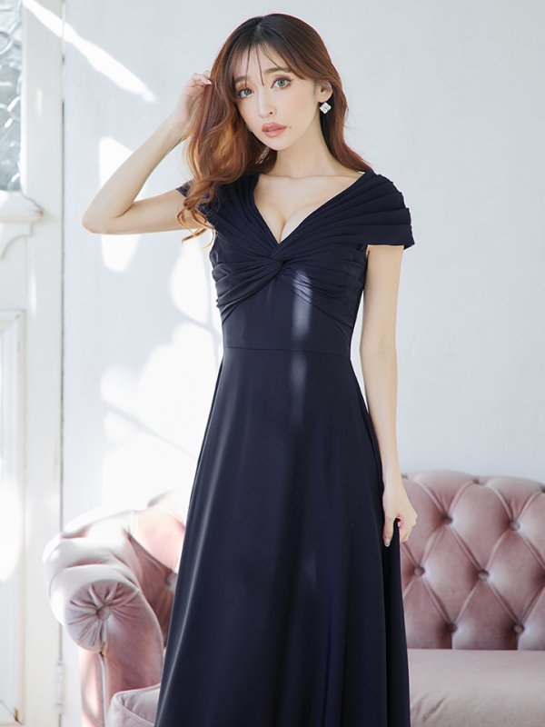 画像2: XS-Lサイズあり【SETTAN/セッタン】ワンカラー/ Vネック/ 袖あり/ 半袖/ Aライン/ ロング/ キャバドレス long[OF2] (2)