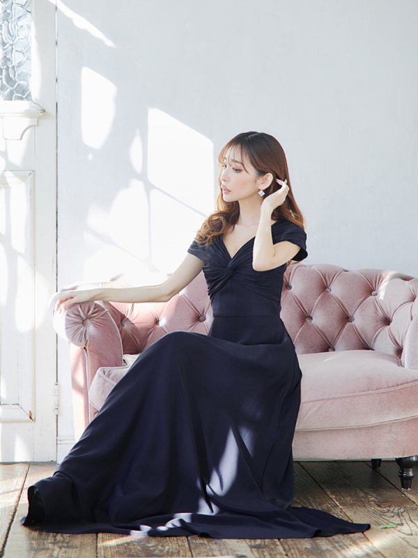 画像3: XS-Lサイズあり【SETTAN/セッタン】ワンカラー/ Vネック/ 袖あり/ 半袖/ Aライン/ ロング/ キャバドレス long[OF2] (3)