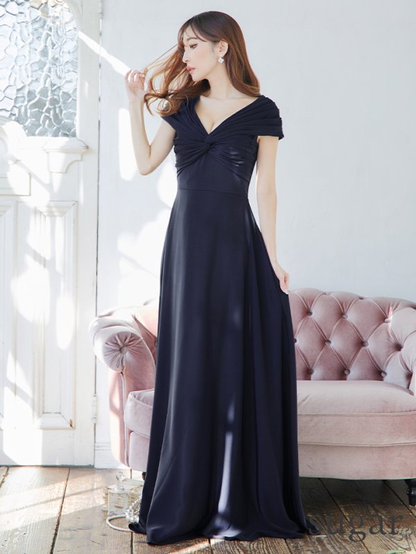 画像7: XS-Lサイズあり【SETTAN/セッタン】ワンカラー/ Vネック/ 袖あり/ 半袖/ Aライン/ ロング/ キャバドレス long[OF2] (7)