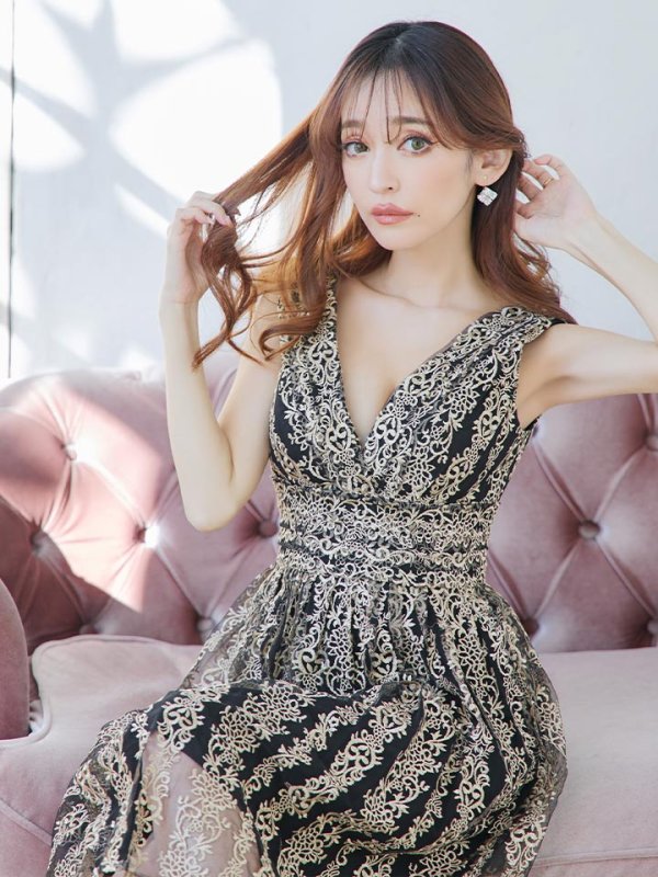 画像8: XS-Lサイズあり【SETTAN/セッタン】刺繍/ ノースリーブ/ Aライン/ フレア/ ミディアム丈/ ひざ丈/ ワンピース/ キャバドレス[OF2] (8)