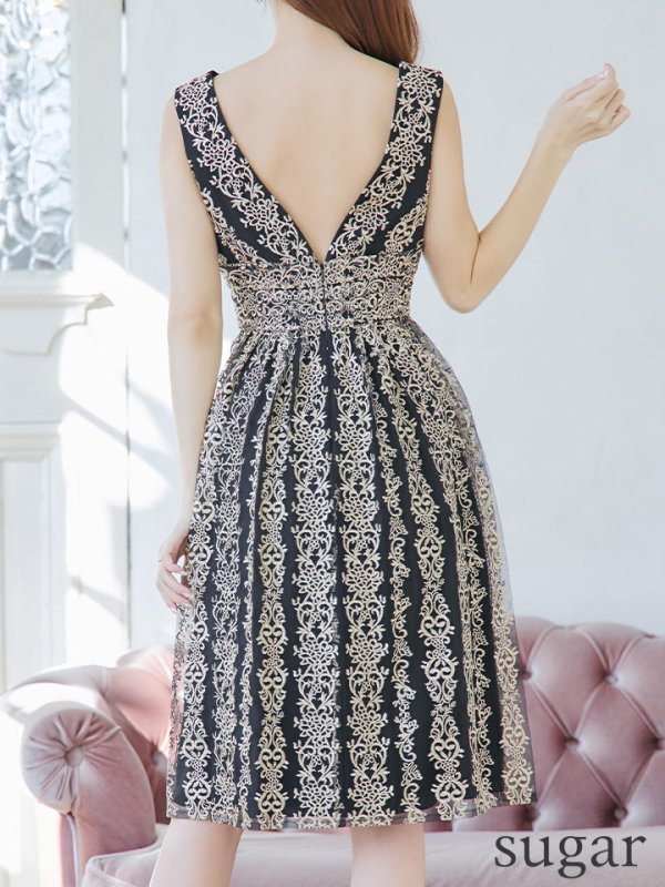 画像12: XS-Lサイズあり【SETTAN/セッタン】刺繍/ ノースリーブ/ Aライン/ フレア/ ミディアム丈/ ひざ丈/ ワンピース/ キャバドレス[OF2] (12)