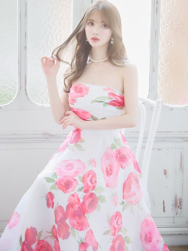 画像2: XS-Lサイズあり【SETTAN/セッタン】ベア/ フラワープリント/ タック/ Aライン/ ロングドレス/ キャバドレス long[OF2] (2)