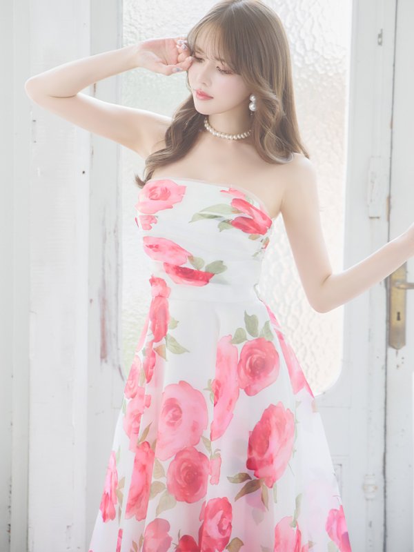 画像5: XS-Lサイズあり【SETTAN/セッタン】ベア/ フラワープリント/ タック/ Aライン/ ロングドレス/ キャバドレス long[OF2] (5)