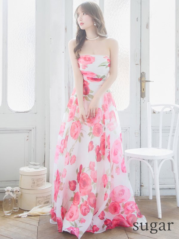 画像7: XS-Lサイズあり【SETTAN/セッタン】ベア/ フラワープリント/ タック/ Aライン/ ロングドレス/ キャバドレス long[OF2] (7)