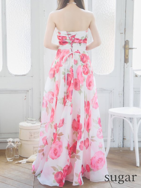 画像9: XS-Lサイズあり【SETTAN/セッタン】ベア/ フラワープリント/ タック/ Aライン/ ロングドレス/ キャバドレス long[OF2] (9)