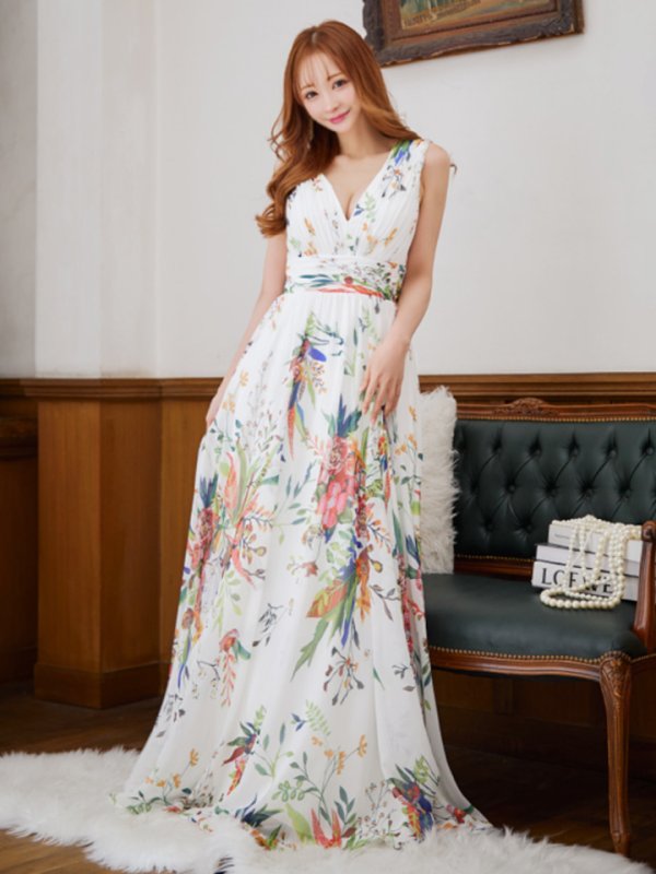 画像14: XS-Lサイズあり【SETTAN/セッタン】フラワープリント/ シフォン/ Vネック/ ノースリーブ/ Aライン/ フレア/ ロングドレス / キャバドレス long[OF2] (14)