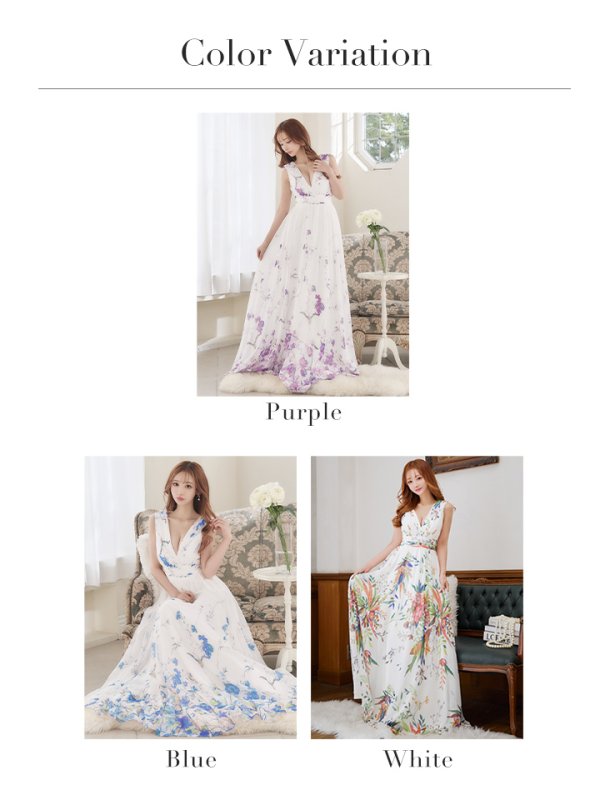 画像24: XS-Lサイズあり【SETTAN/セッタン】フラワープリント/ シフォン/ Vネック/ ノースリーブ/ Aライン/ フレア/ ロングドレス / キャバドレス long[OF2] (24)