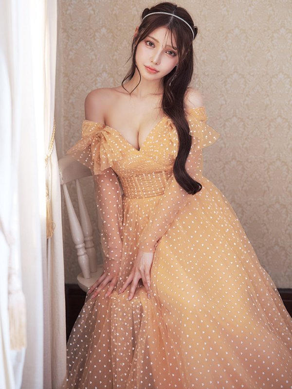 画像4: XSサイズあり【SETTAN/セッタン】ハートドット/ レース/ オフショル/ ロングスリーブ/ リボン/ Aライン/ フレア/ ロングドレス/ キャバドレスlong[OF2] (4)