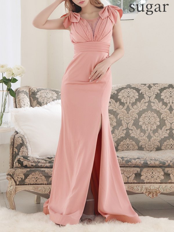 画像8: XS-Lサイズあり【SETTAN/セッタン】ショルダーリボン/ バストシアー/ ノースリーブ/ スリット/ マーメイド/ ロングドレス / キャバドレス long[OF2] (8)