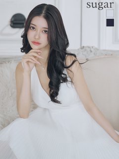 カシュクールデザイン/ Vネック/ ノースリーブ/ 膝丈/ プリーツ/ Aライン/ フレア/ ワンピース/ ミディアムドレス/ キャバドレス