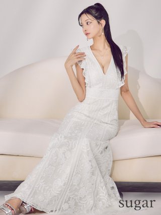 PC MARY'S ホワイト　ロング　ドレス　レース　結婚式　パーティ ホワイト ロングドレス メッシュ パーティードレス TM0233
