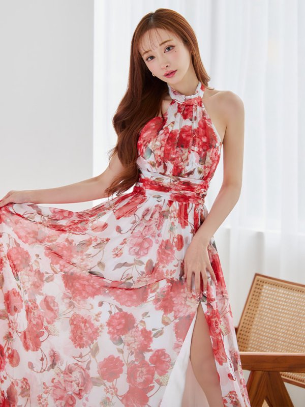 画像2: XS-Lサイズあり【SETTAN/セッタン】フラワー柄/ プリント/ シフォン/ アメスリ/ スリット/ Aライン/ ワンピース/ ロングドレス/ キャバドレス[OF2] (2)