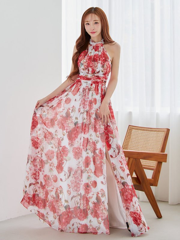 画像3: XS-Lサイズあり【SETTAN/セッタン】フラワー柄/ プリント/ シフォン/ アメスリ/ スリット/ Aライン/ ワンピース/ ロングドレス/ キャバドレス[OF2] (3)