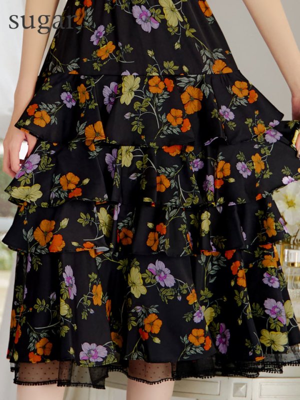 画像23: XS-Lサイズあり【SETTAN/セッタン】フラワープリント/ ノースリーブ/ ティアード/ フリル/ Aライン/ フレア/ 膝丈/ ミディアムドレス/ キャバドレス[OF2] (23)