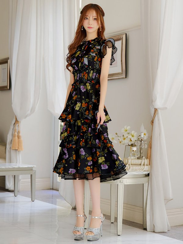 画像14: XS-Lサイズあり【SETTAN/セッタン】フラワープリント/ ノースリーブ/ ティアード/ フリル/ Aライン/ フレア/ 膝丈/ ミディアムドレス/ キャバドレス[OF2] (14)