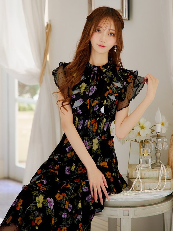 画像16: XS-Lサイズあり【SETTAN/セッタン】フラワープリント/ ノースリーブ/ ティアード/ フリル/ Aライン/ フレア/ 膝丈/ ミディアムドレス/ キャバドレス[OF2] (16)