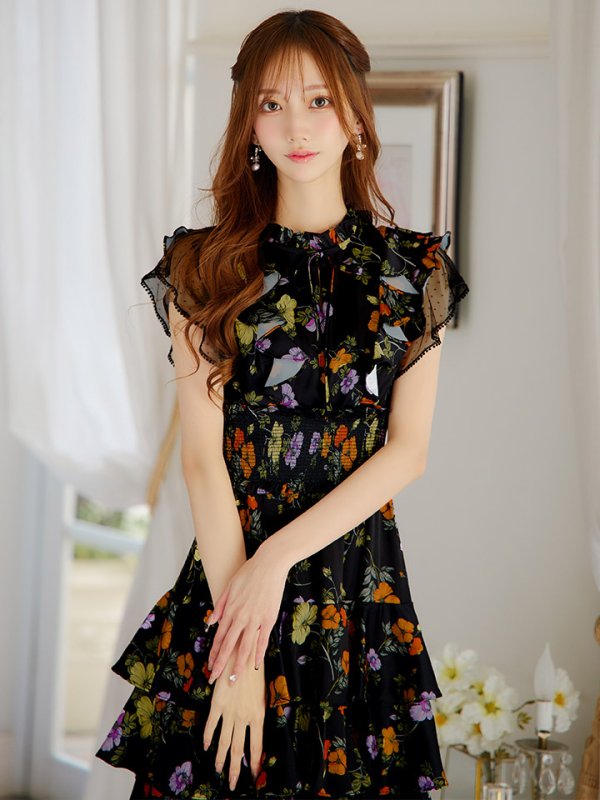 画像18: XS-Lサイズあり【SETTAN/セッタン】フラワープリント/ ノースリーブ/ ティアード/ フリル/ Aライン/ フレア/ 膝丈/ ミディアムドレス/ キャバドレス[OF2] (18)