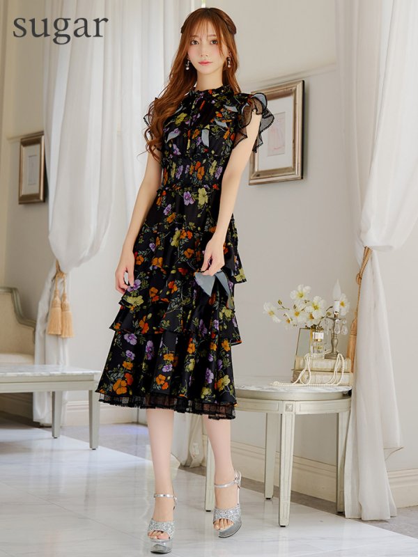 画像19: XS-Lサイズあり【SETTAN/セッタン】フラワープリント/ ノースリーブ/ ティアード/ フリル/ Aライン/ フレア/ 膝丈/ ミディアムドレス/ キャバドレス[OF2] (19)