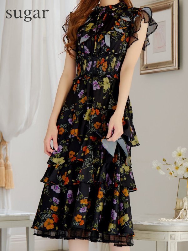 画像20: XS-Lサイズあり【SETTAN/セッタン】フラワープリント/ ノースリーブ/ ティアード/ フリル/ Aライン/ フレア/ 膝丈/ ミディアムドレス/ キャバドレス[OF2] (20)