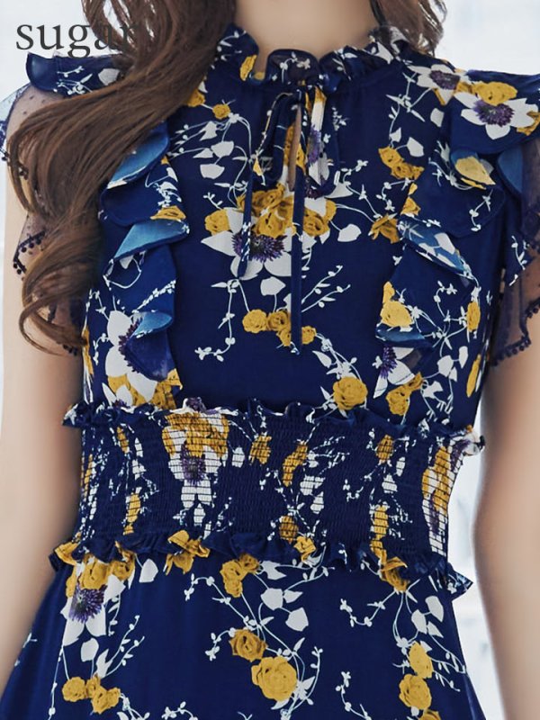 画像10: XS-Lサイズあり【SETTAN/セッタン】フラワープリント/ ノースリーブ/ ティアード/ フリル/ Aライン/ フレア/ 膝丈/ ミディアムドレス/ キャバドレス[OF2] (10)