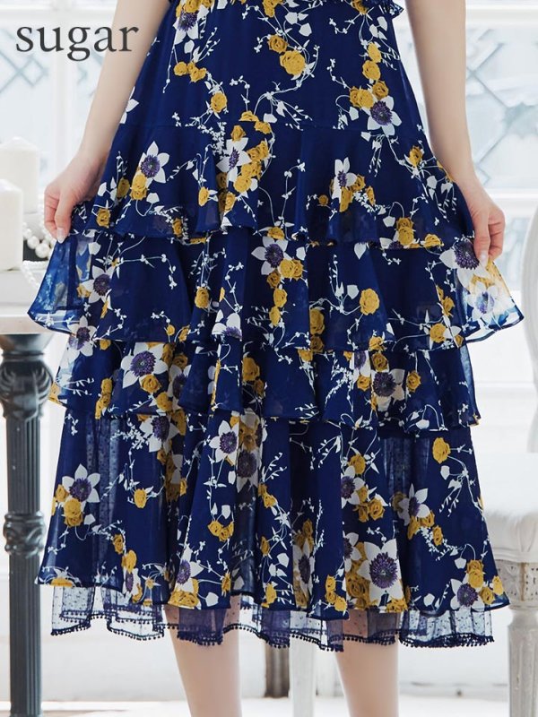 画像11: XS-Lサイズあり【SETTAN/セッタン】フラワープリント/ ノースリーブ/ ティアード/ フリル/ Aライン/ フレア/ 膝丈/ ミディアムドレス/ キャバドレス[OF2] (11)