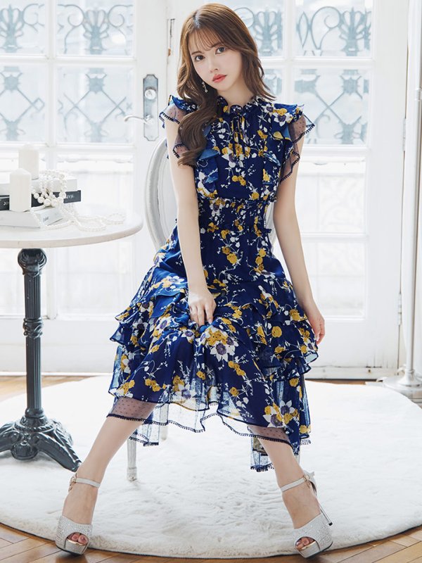 画像4: XS-Lサイズあり【SETTAN/セッタン】フラワープリント/ ノースリーブ/ ティアード/ フリル/ Aライン/ フレア/ 膝丈/ ミディアムドレス/ キャバドレス[OF2] (4)