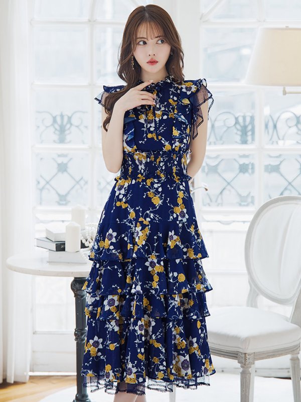 画像6: XS-Lサイズあり【SETTAN/セッタン】フラワープリント/ ノースリーブ/ ティアード/ フリル/ Aライン/ フレア/ 膝丈/ ミディアムドレス/ キャバドレス[OF2] (6)