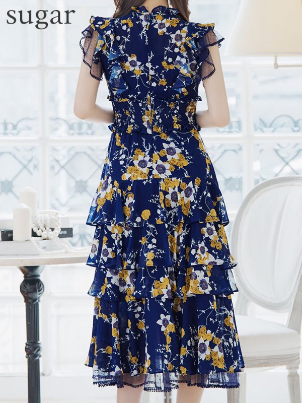 画像9: XS-Lサイズあり【SETTAN/セッタン】フラワープリント/ ノースリーブ/ ティアード/ フリル/ Aライン/ フレア/ 膝丈/ ミディアムドレス/ キャバドレス[OF2] (9)