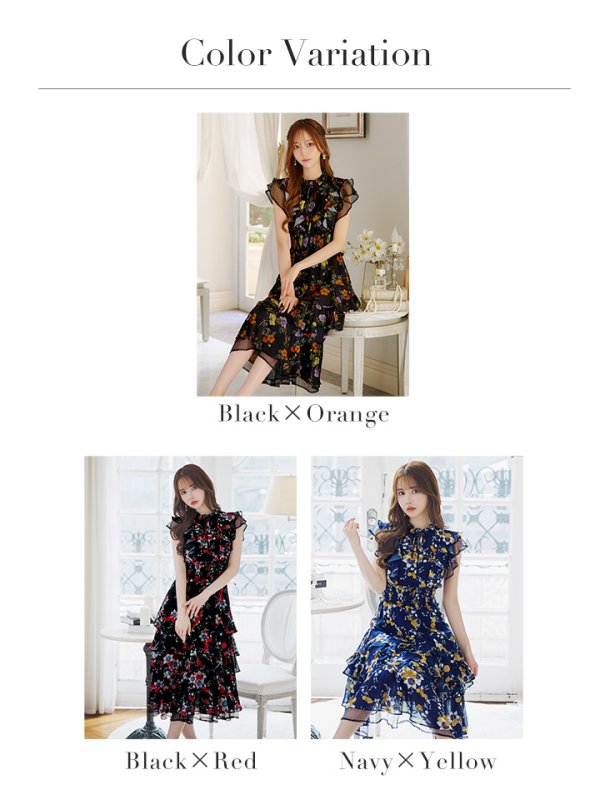 画像24: XS-Lサイズあり【SETTAN/セッタン】フラワープリント/ ノースリーブ/ ティアード/ フリル/ Aライン/ フレア/ 膝丈/ ミディアムドレス/ キャバドレス[OF2] (24)