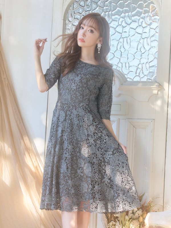 画像2: 【Lサイズあり】【SETTAN/セッタン】フラワーレース/ボートネック /ラメ /半袖 / ミディアム丈/ ワンピース/ ミニドレス/ キャバドレス[OF2] (2)