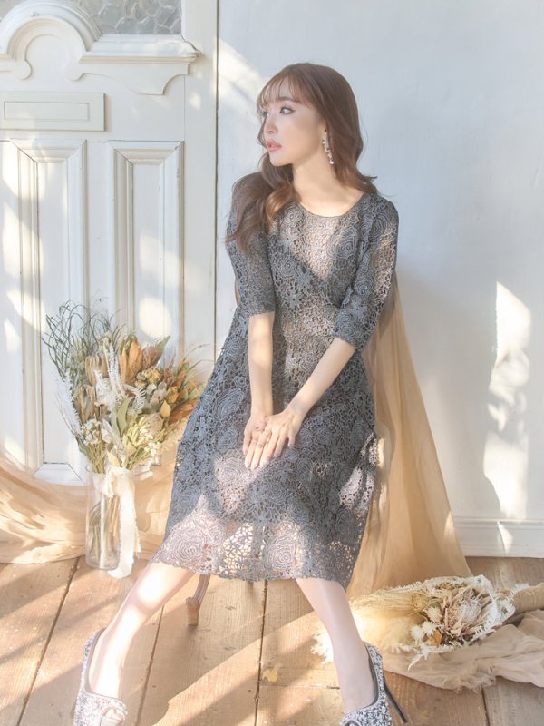 画像5: 【Lサイズあり】【SETTAN/セッタン】フラワーレース/ボートネック /ラメ /半袖 / ミディアム丈/ ワンピース/ ミニドレス/ キャバドレス[OF2] (5)