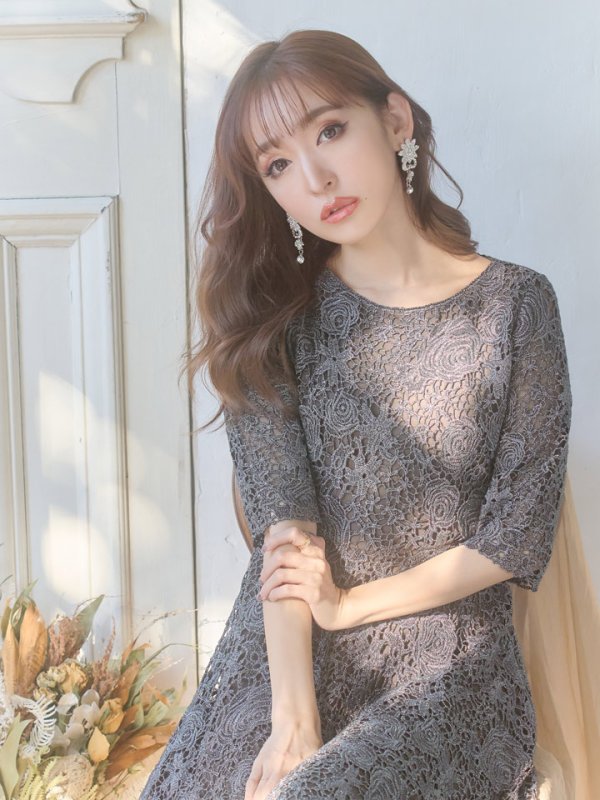 画像6: 【Lサイズあり】【SETTAN/セッタン】フラワーレース/ボートネック /ラメ /半袖 / ミディアム丈/ ワンピース/ ミニドレス/ キャバドレス[OF2] (6)