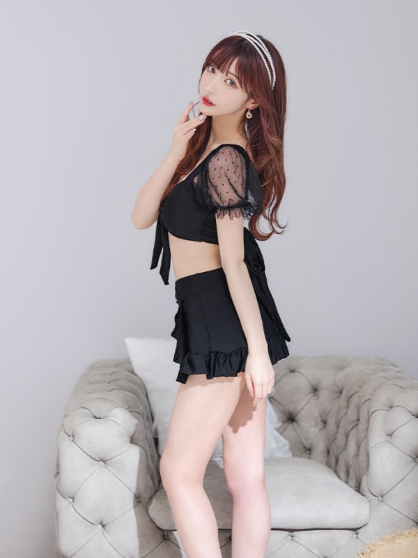 画像15: 【即日発送】【ビキニ】ドットシアースリーブスカート付きビキニ 3点セット【水着】[YMT] (15)