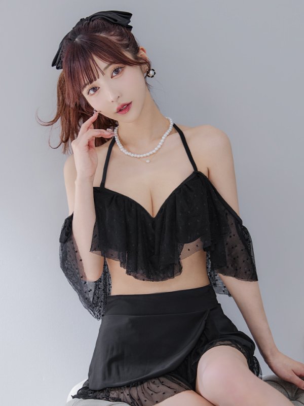 画像5: 【即日発送】【ビキニ】ドットシアーオフショルスカート付きビキニ 3点セット【水着】[YMT] (5)