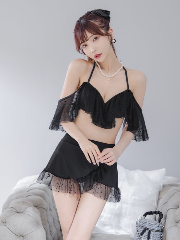 画像2: 【即日発送】【ビキニ】ドットシアーオフショルスカート付きビキニ 3点セット【水着】[YMT] (2)