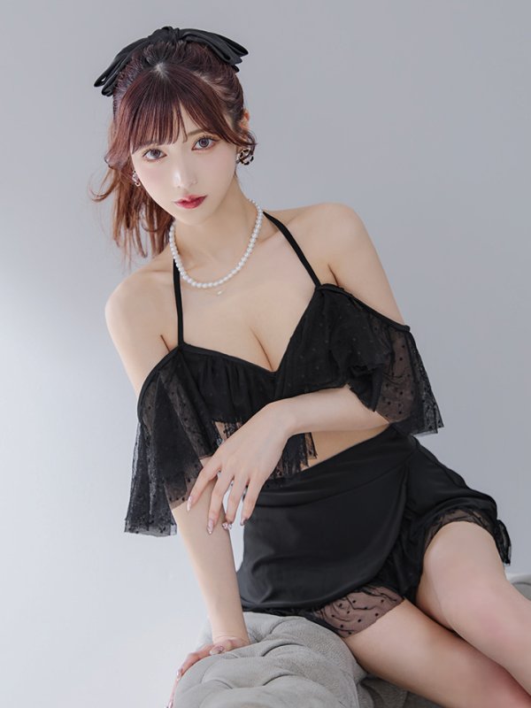 画像4: 【即日発送】【ビキニ】ドットシアーオフショルスカート付きビキニ 3点セット【水着】[YMT] (4)