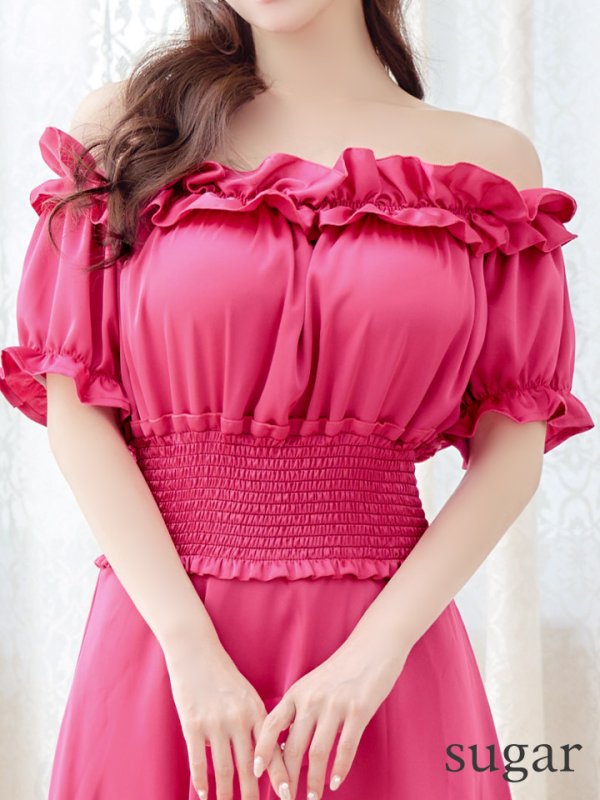 画像10: XSサイズあり【MONOQLO/モノクロ】フリル/ オフショル/ 半袖/ 袖あり/ Aライン/ フレア/ ロングドレス/ キャバドレス/ long【OF2C】 (10)