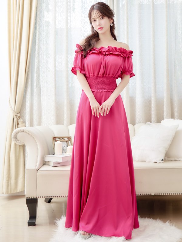 画像2: XSサイズあり【MONOQLO/モノクロ】フリル/ オフショル/ 半袖/ 袖あり/ Aライン/ フレア/ ロングドレス/ キャバドレス/ long【OF2C】 (2)