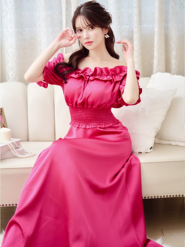 画像3: XSサイズあり【MONOQLO/モノクロ】フリル/ オフショル/ 半袖/ 袖あり/ Aライン/ フレア/ ロングドレス/ キャバドレス/ long【OF2C】 (3)