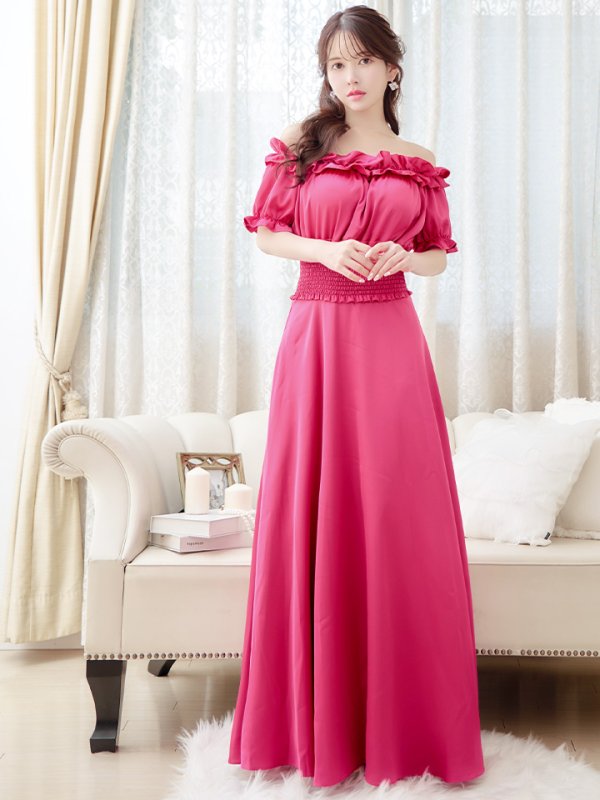 画像4: XSサイズあり【MONOQLO/モノクロ】フリル/ オフショル/ 半袖/ 袖あり/ Aライン/ フレア/ ロングドレス/ キャバドレス/ long【OF2C】 (4)