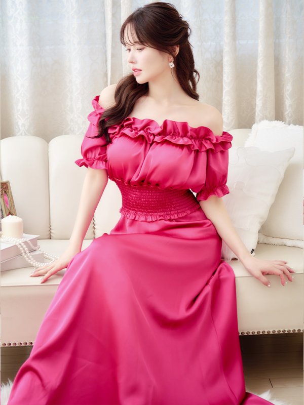 画像5: XSサイズあり【MONOQLO/モノクロ】フリル/ オフショル/ 半袖/ 袖あり/ Aライン/ フレア/ ロングドレス/ キャバドレス/ long【OF2C】 (5)