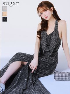 【MONOQLO/モノクロ】ラメ/ ドレープ/ ホルターネック/ ノースリーブ/ ストレッチ/ スリット/ ロングドレス/ キャバドレス/ long