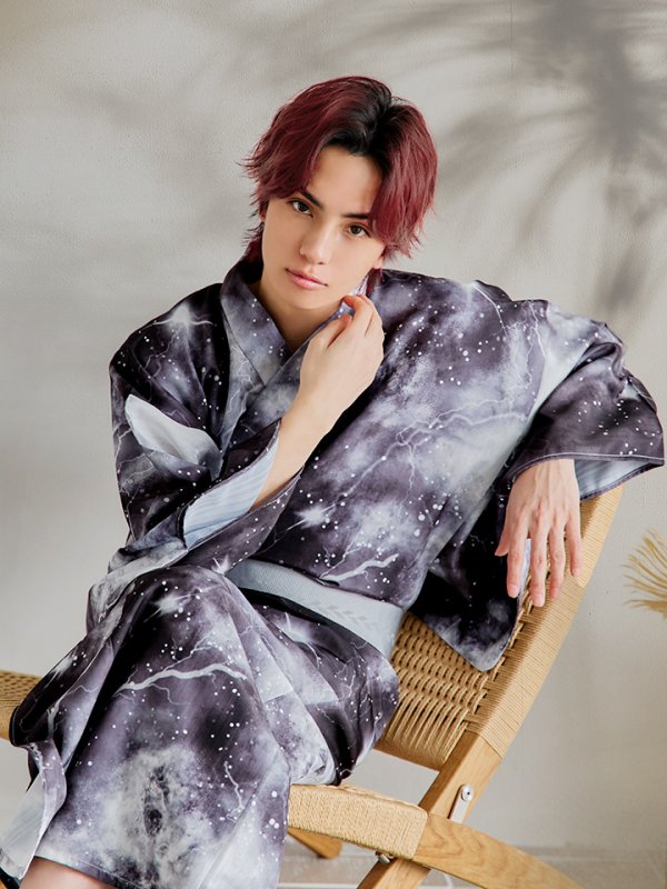 画像10: 【即日発送！】【メンズ浴衣】モノトーン×雷浴衣【浴衣３点セット 浴衣/帯/下駄】[YMT] (10)